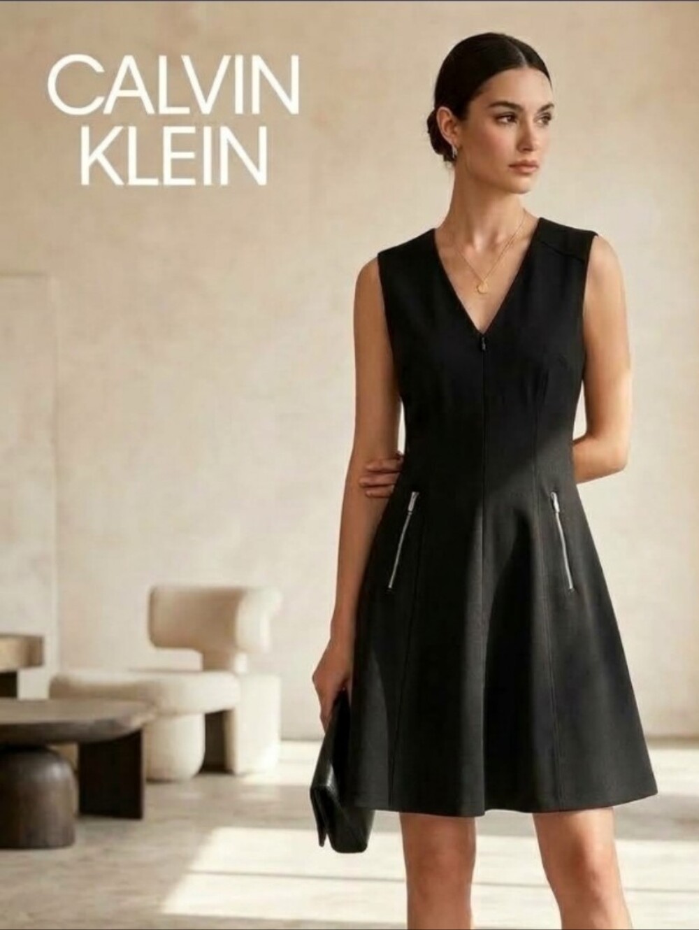 Calvin Klein Black Fit & Flare Dress Size 8 Sleeveless V-Neck Gold Zip Detail